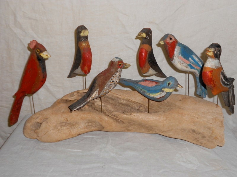 Folk art wooden birds, hand carved, hand painted at 1stdibs