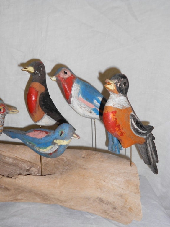 American Folk art wooden birds, hand carved, hand painted