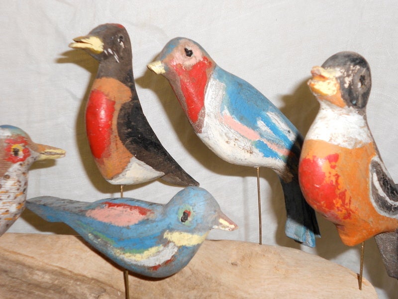 20th Century Folk art wooden birds, hand carved, hand painted