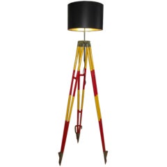 Vintage Siren Red & Yellow Wooden Surveyor Tripod as Floor Lamp