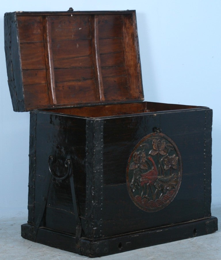 Large Antique Carved & Painted Chinese Trunk, Impressive Wrought Iron Details
