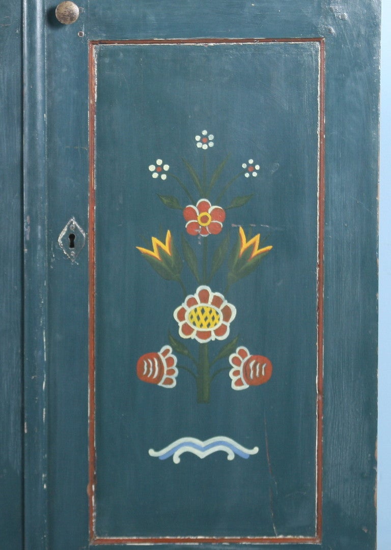 Original Antique Blue & Floral Painted Sideboard/Cupboard Sweden c.1870 In Excellent Condition In Round Top, TX