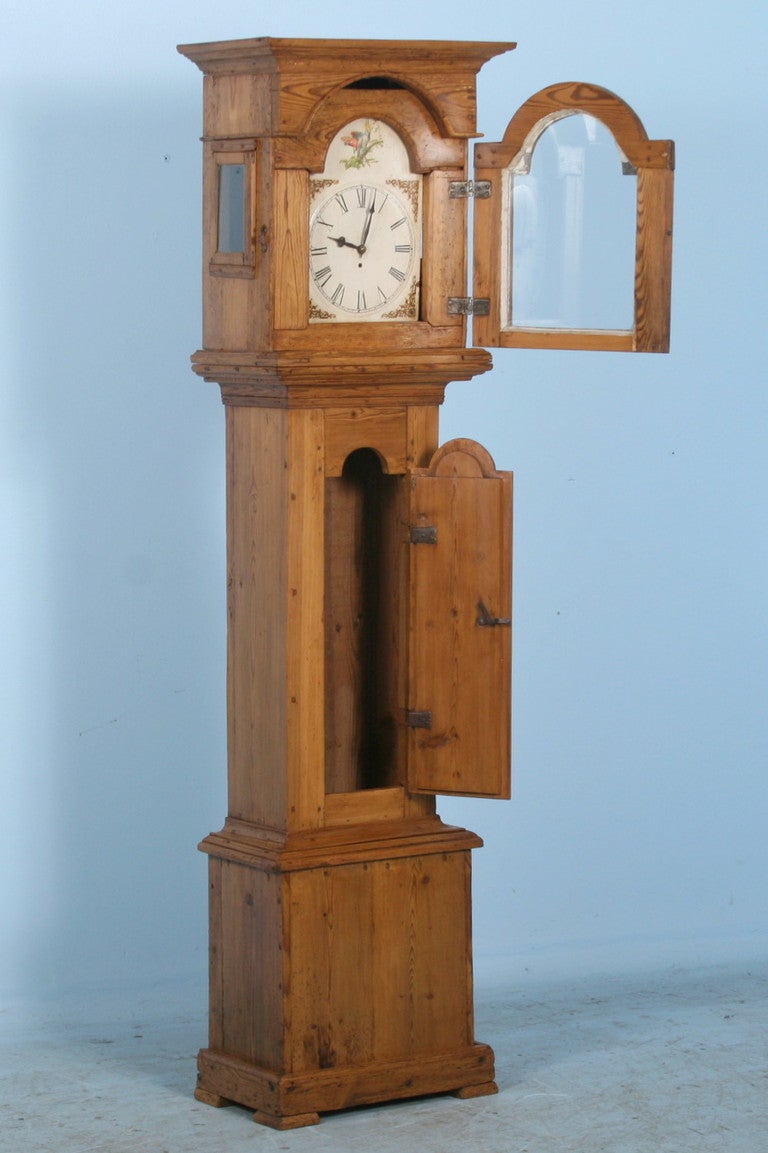 Danish Pine Grandfather Clock. This wonderful pine grandfather clock features hand painted scroll flourishes in the corners and a whimsical parrot motif on it's original face. It is made of a natural warm pine. The clock is now battery operated for