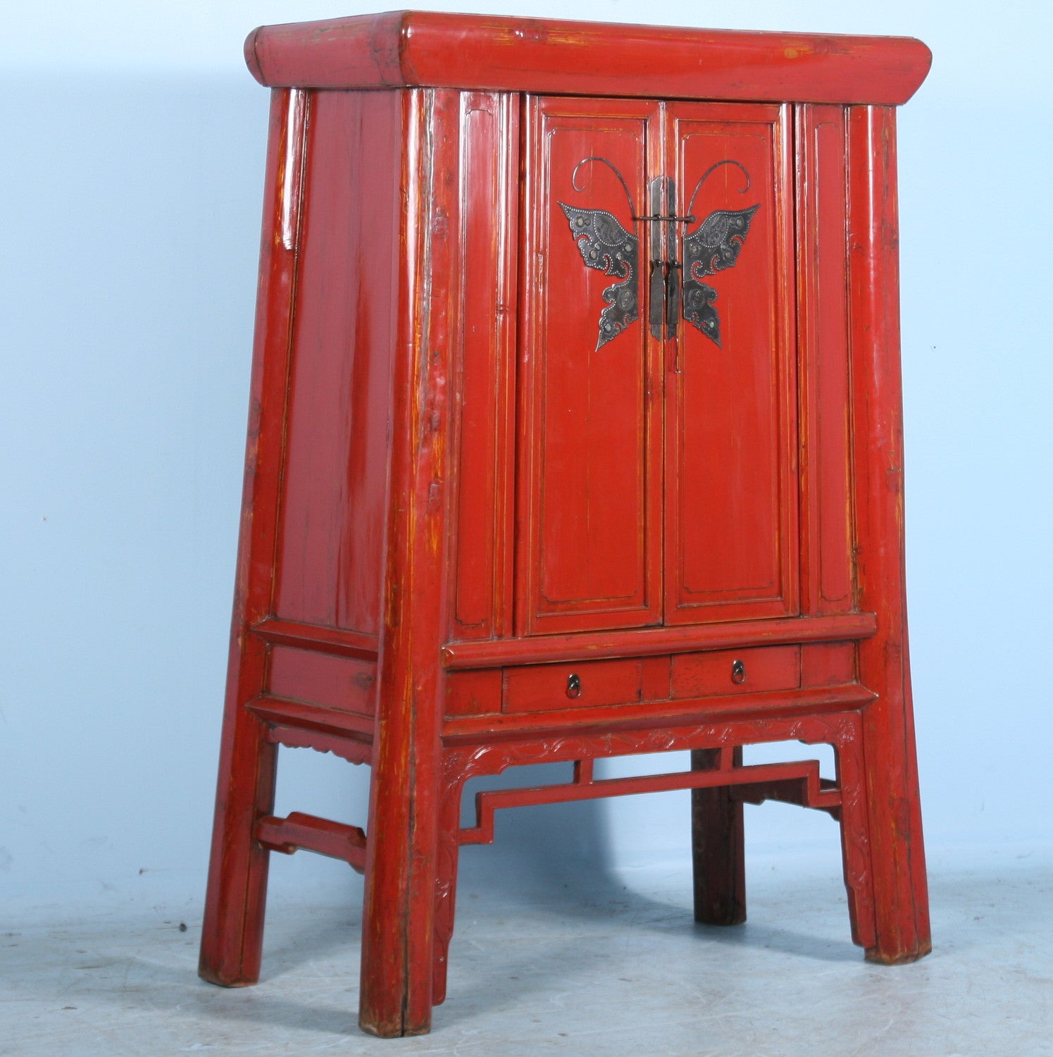 Antique Red Chinese Lacquered Cabinet/Armoire with Ornate Butterfly Hardware
