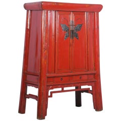 Antique Red Chinese Lacquered Cabinet/Armoire with Ornate Butterfly Hardware