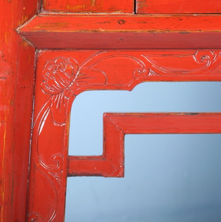 19th Century Antique Red Chinese Lacquered Cabinet/Armoire with Ornate Butterfly Hardware