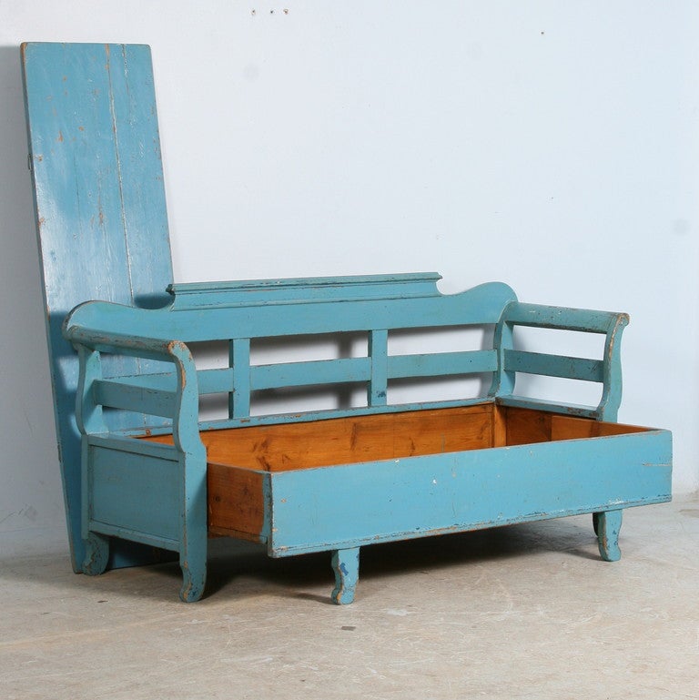 This lovely Swedish bench still maintains its original robin's egg blue paint. As you can see in the photos, the bench seat is removable, revealing a storage area below. It is strong and in excellent condition, ready for use.

 
