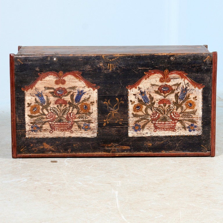Antique Original Painted Black and Red Trunk, dated 1876 2