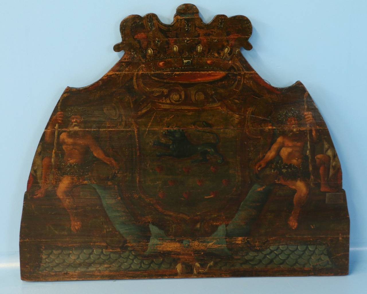 Large Original Painted Baroque Coat of Arms Oil on Panel, 19th Century