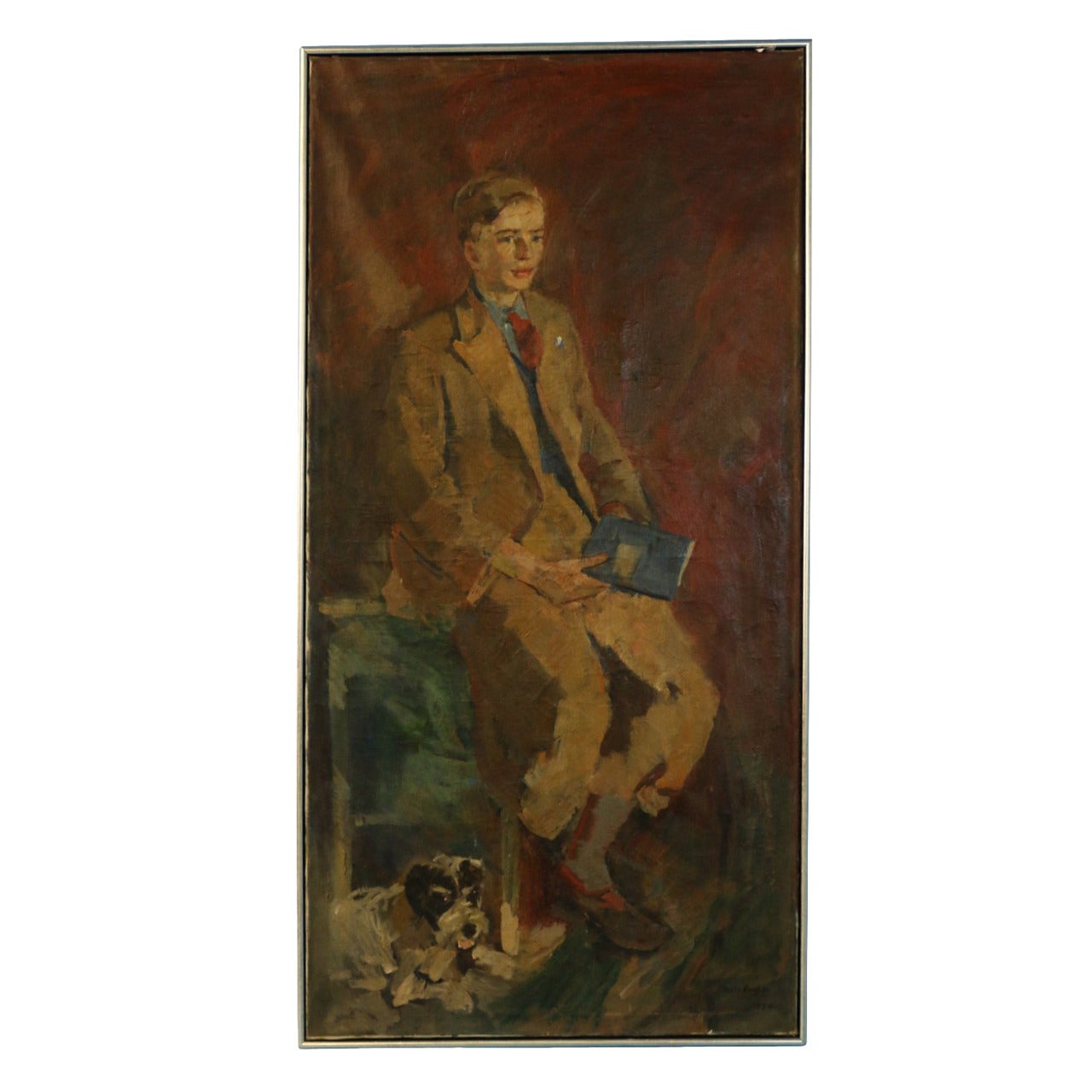 Large Oil on Canvas of Boy with Dog, signed Niels Hansen dated 1934