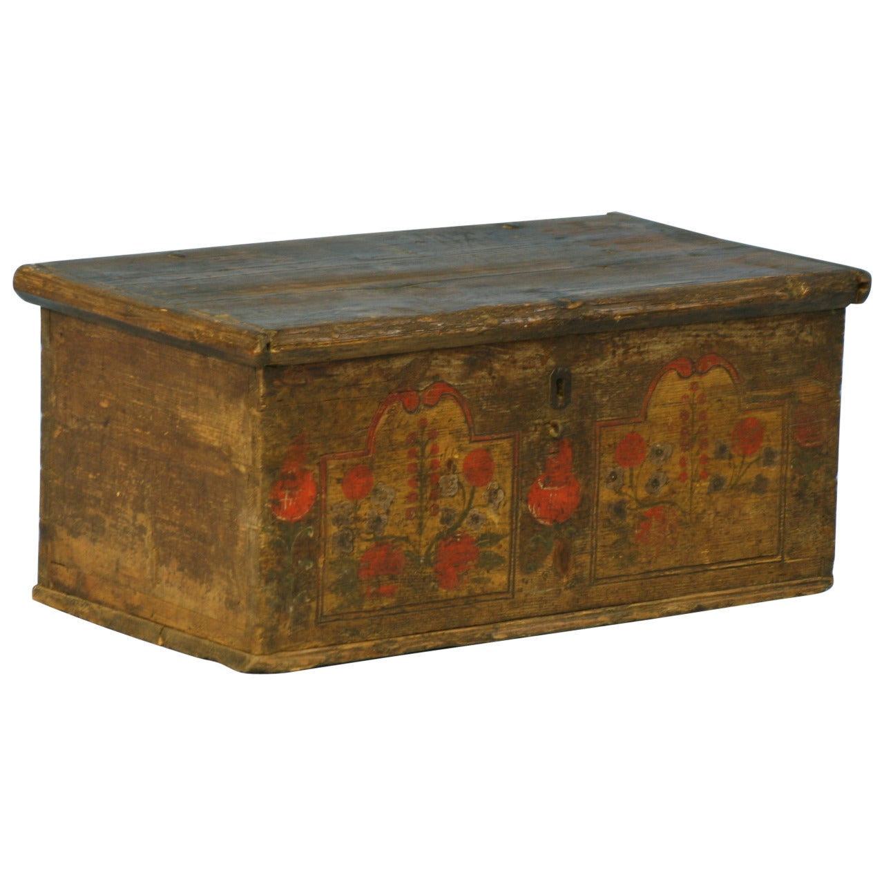 Antique Original Painted Flat Top Trunk, Romania circa 1840-60