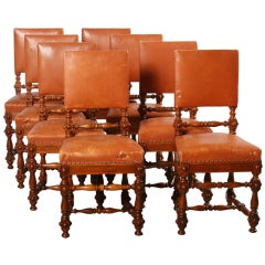 Antique Set of 8 Leather Side Chairs, Sweden Circa 1880-90