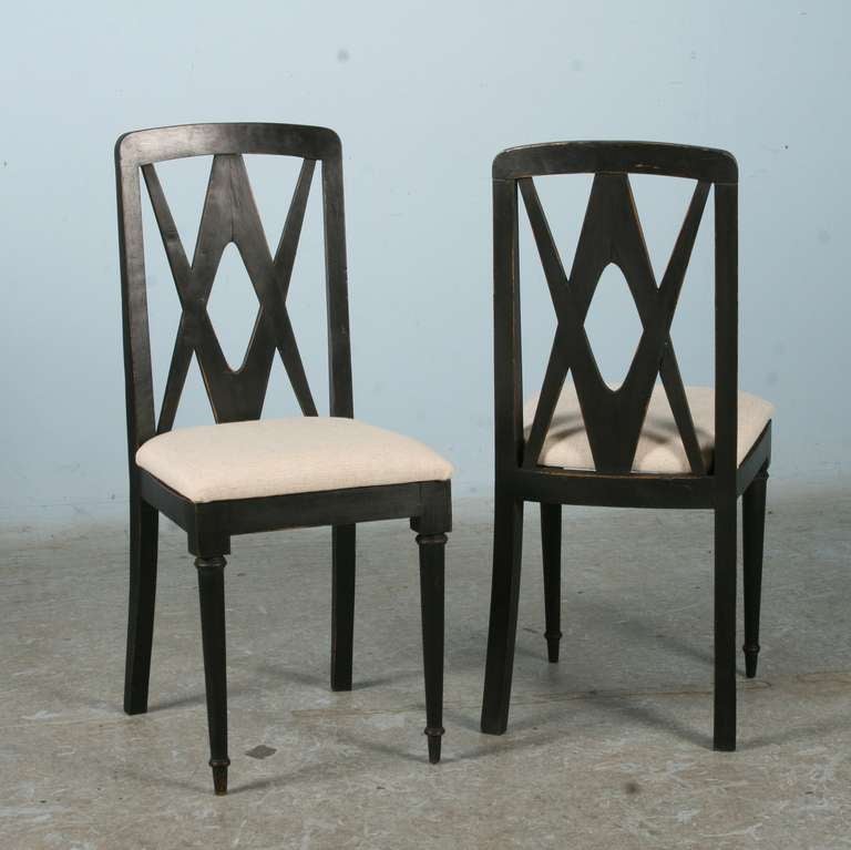 Danish Antique Set of 6 Black Dining Chairs, New Linen Upholstered Seats