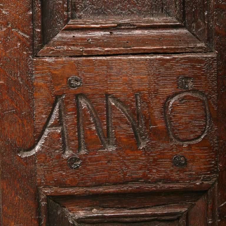 18th Century and Earlier Antique German Oak Coffer/Trunk with Names, Dated 1697 with Carving