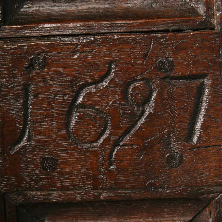 Antique German Oak Coffer/Trunk with Names, Dated 1697 with Carving 1