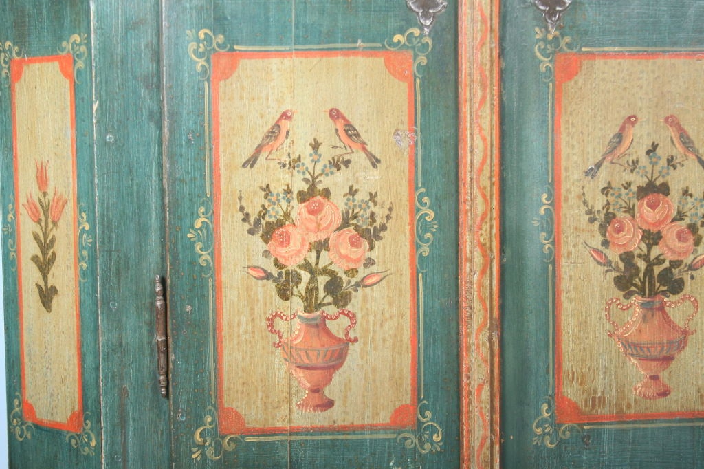 Hand-Painted Antique German Hand Painted Armoire With Birds and Florals