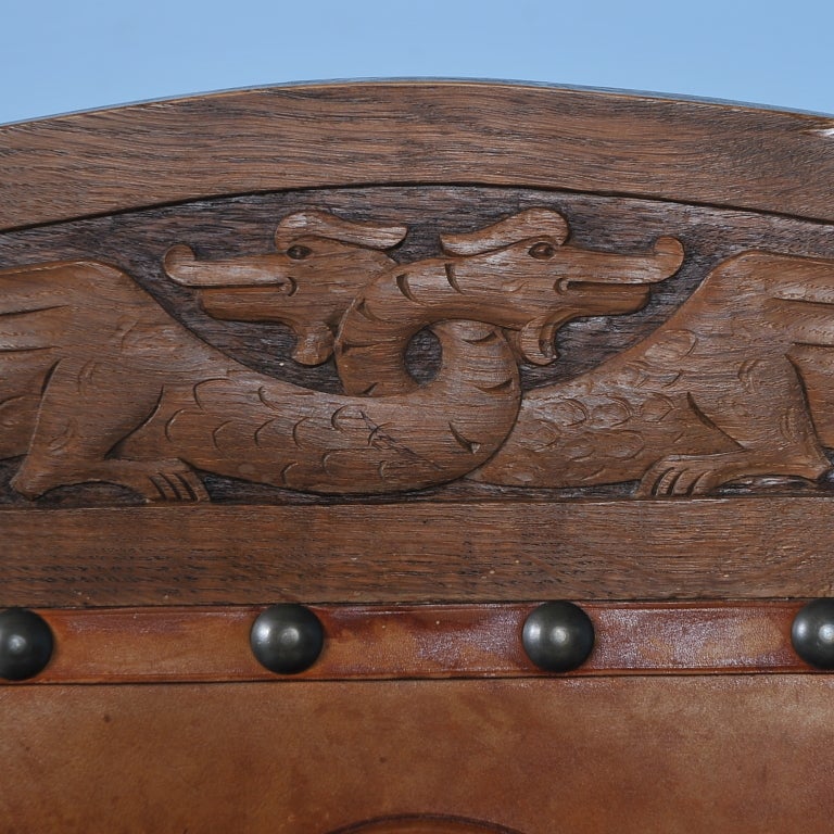 19th Century Antique Norwegian Carved Chair with Embossed Leather c1890