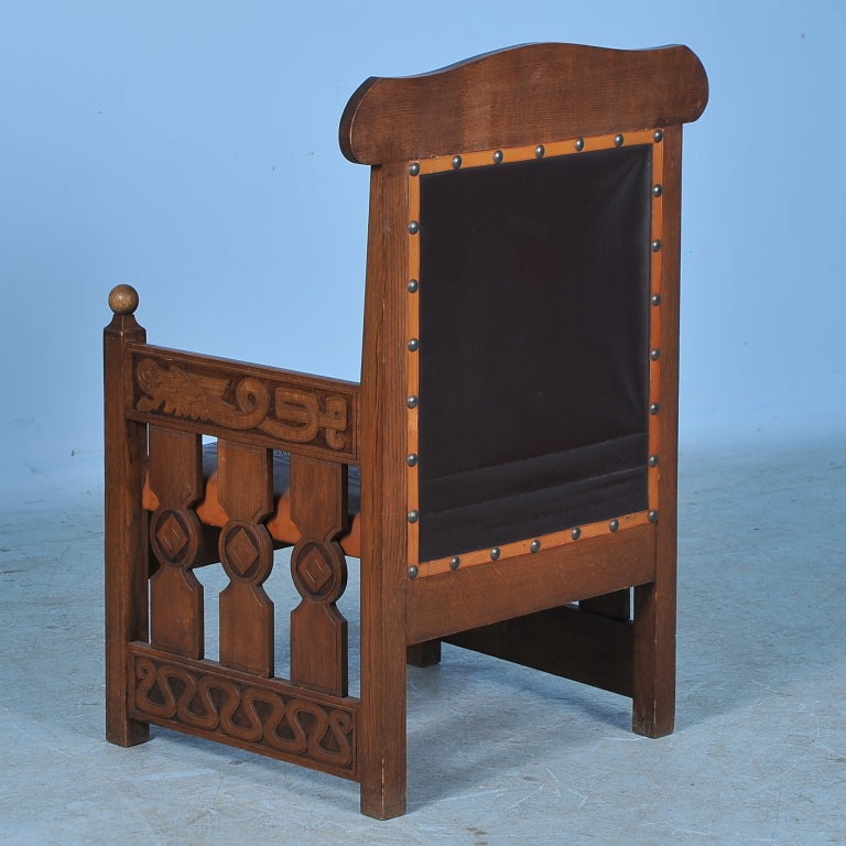 Wood Antique Norwegian Carved Chair with Embossed Leather c1890