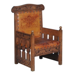 Antique Norwegian Carved Chair with Embossed Leather c1890