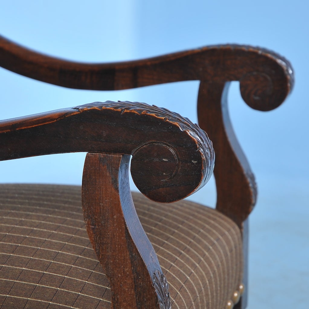 Antique Danish Carved Oak Arm Chair w/Contemporary Leaf Fabric In Good Condition In Round Top, TX