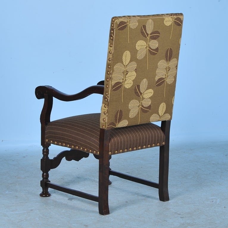 Antique Danish Carved Oak Arm Chair w/Contemporary Leaf Fabric at 1stDibs