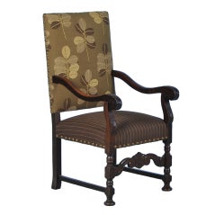 Antique Danish Carved Oak Arm Chair w/Contemporary Leaf Fabric