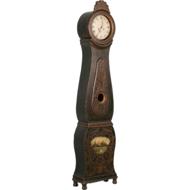 Swedish Mora Grandfather Clock, Original Black and Gold Paint