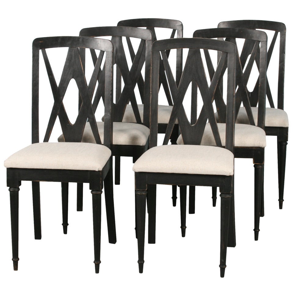 Antique Set of 6 Black Dining Chairs, New Linen Upholstered Seats