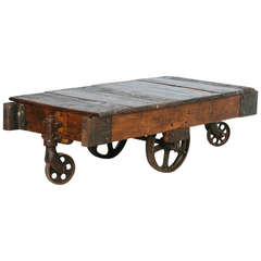 Antique Vintage Luggage Cart Coffee Table circa 1920 with Cast Iron Wheels