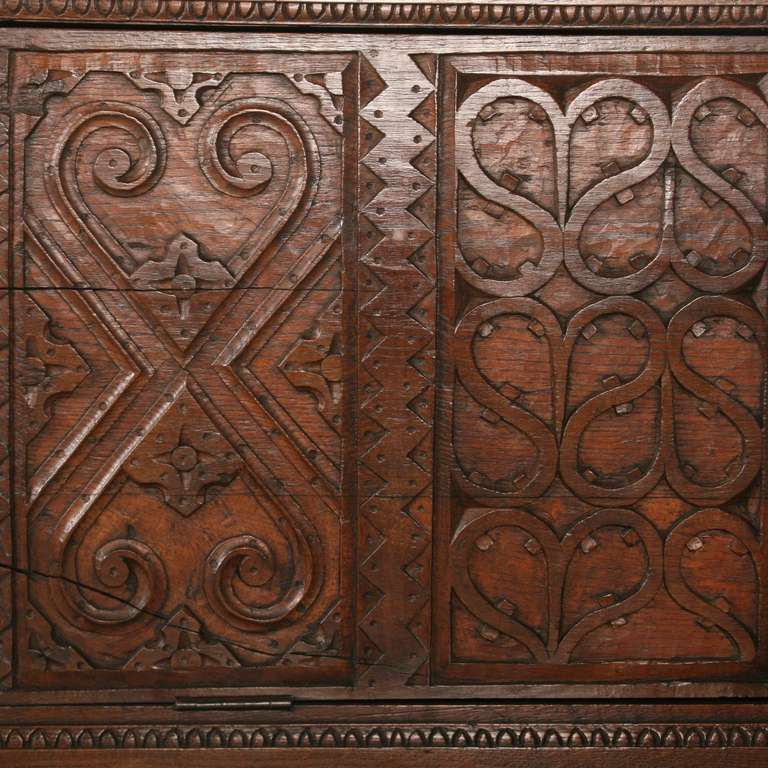 German Antique Large Carved Oak Trunk Coffer, Circa 1680-1750