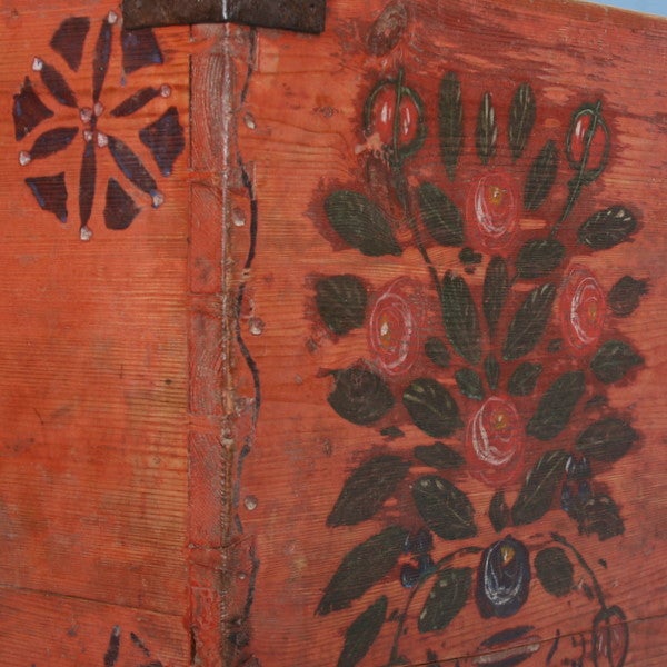 19th Century Original Hand Painted Russian Pine Trunk with Floral Motif