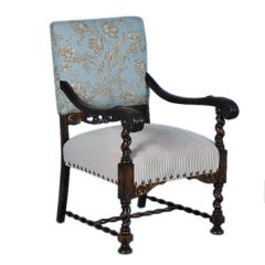 Baroque Carved Danish Oak Arm Chair with New Floral Upholstery