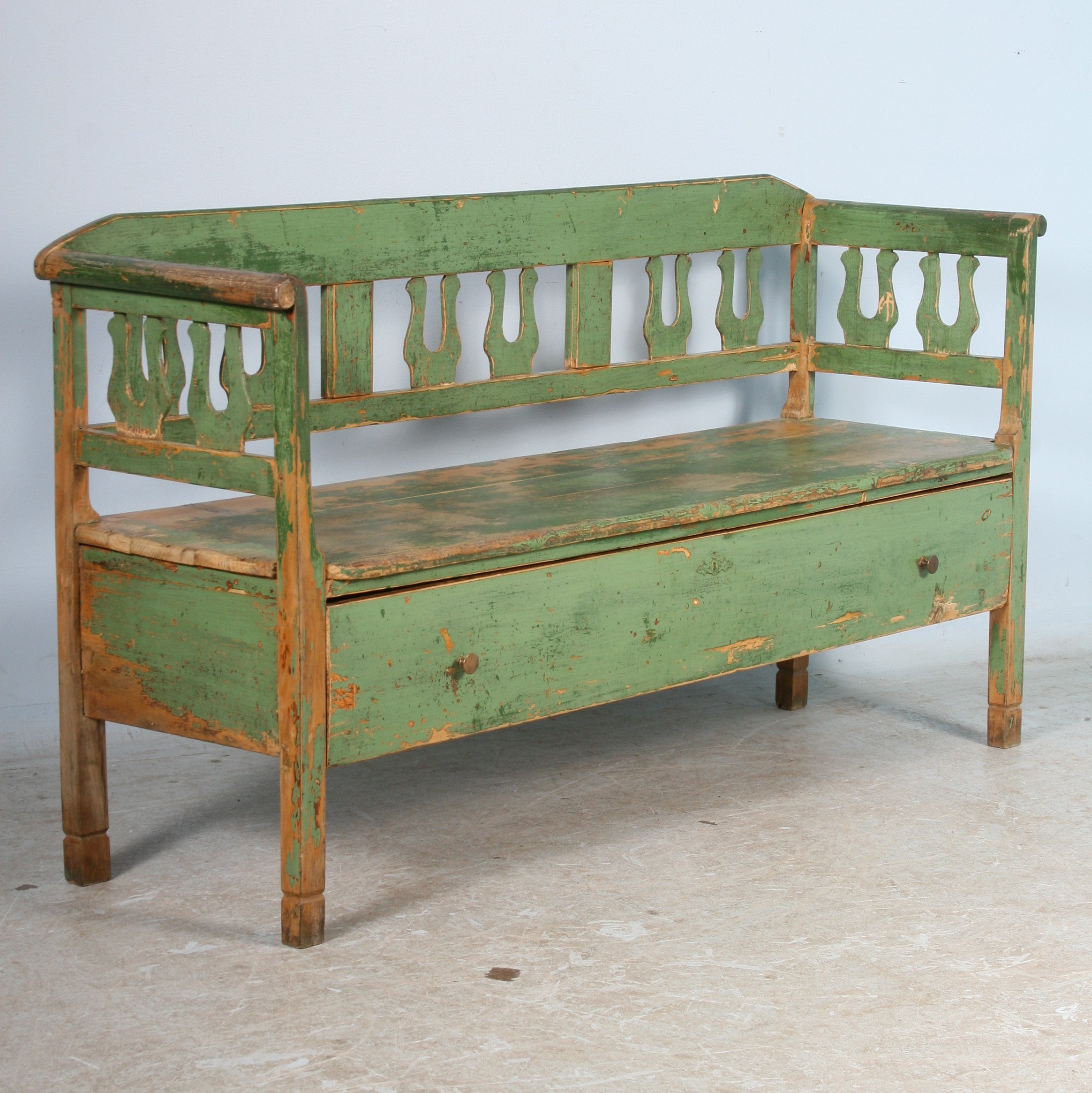 Antique Original Green Bench With Drawer, Romania circa 1880