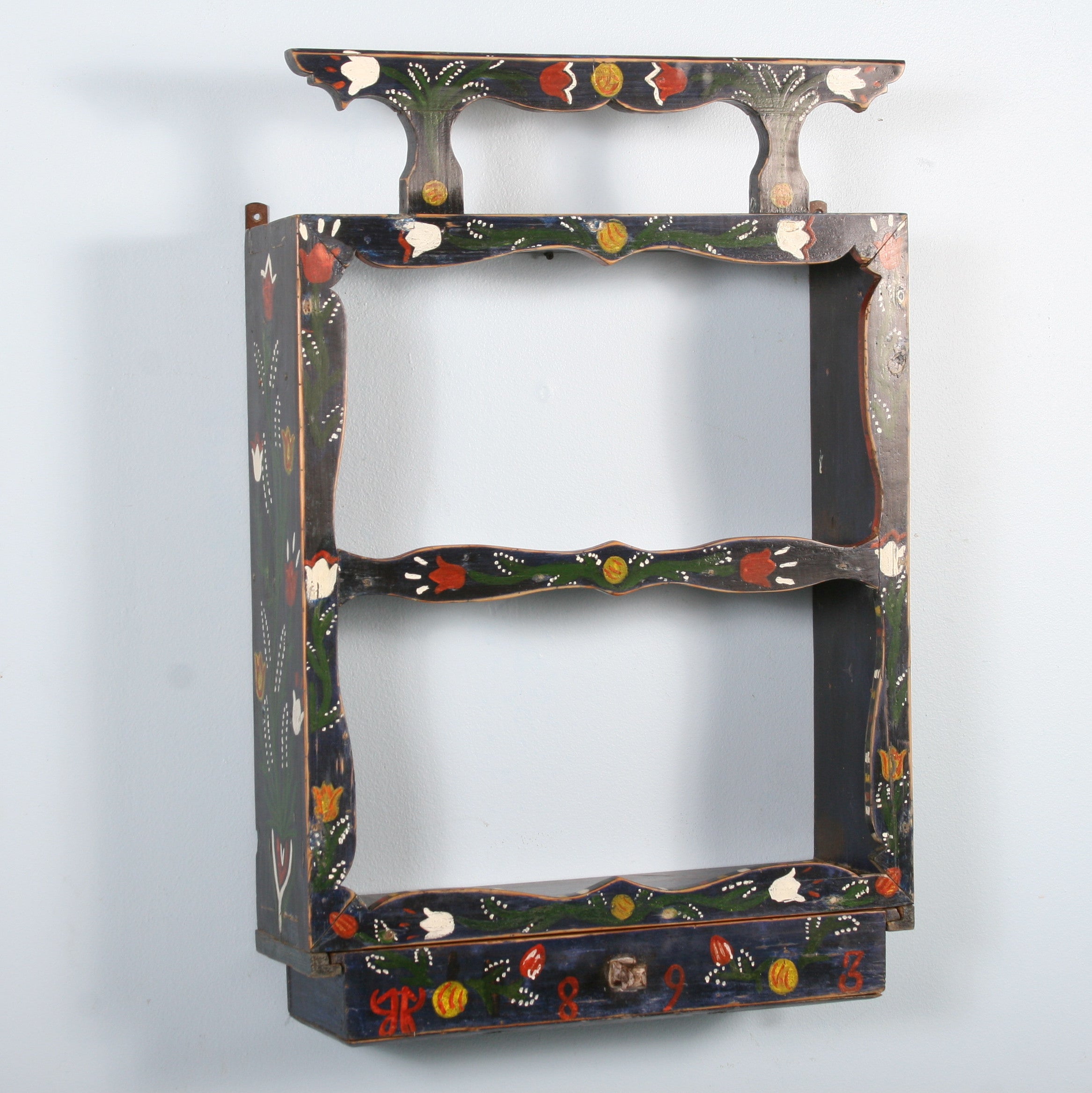 Antique Original Painted Hanging Shelf with Drawer, dated 1898