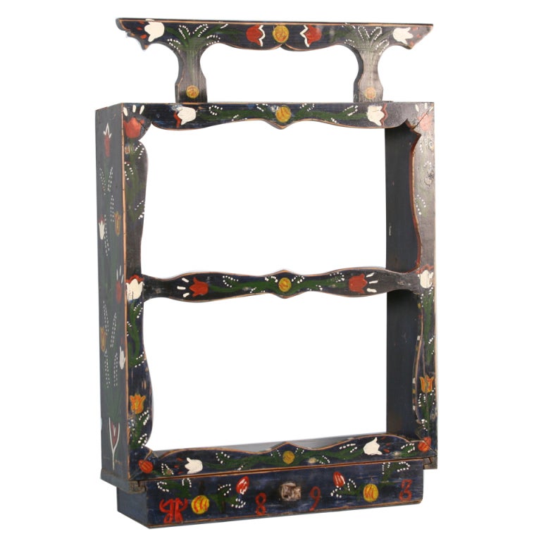 Antique Original Painted Hanging Shelf with Drawer, dated 1898 at 1stdibs