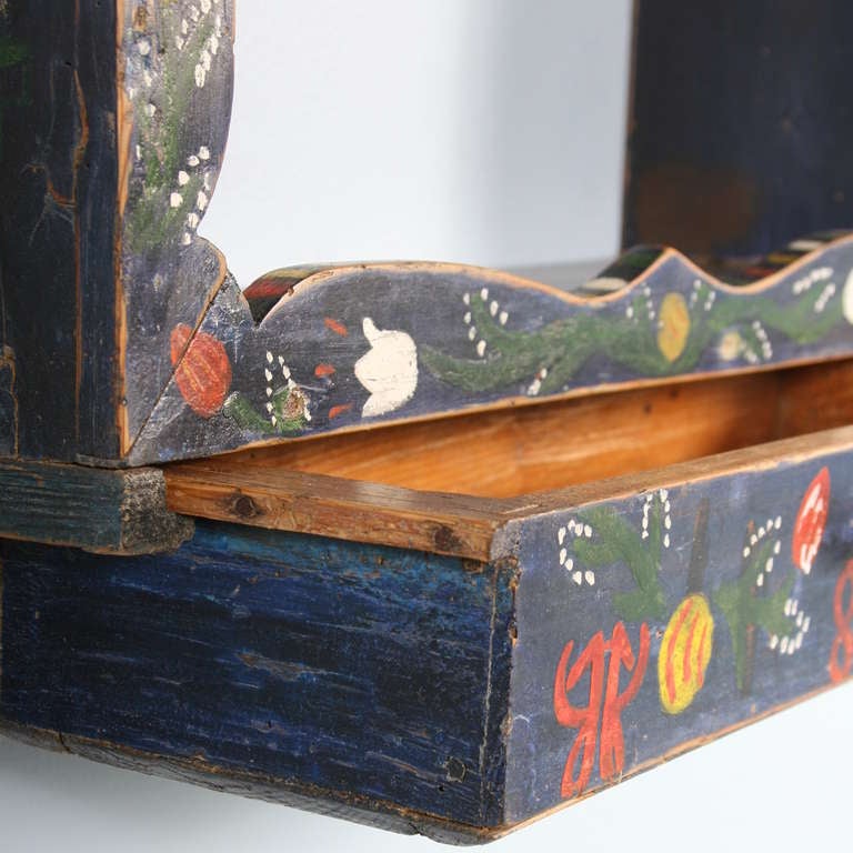 Romanian Antique Original Painted Hanging Shelf with Drawer, dated 1898