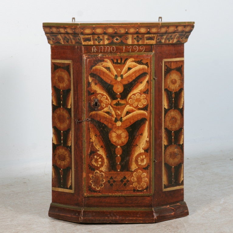 Original Painted Swedish Hanging Corner Cupboard, Dated 1799