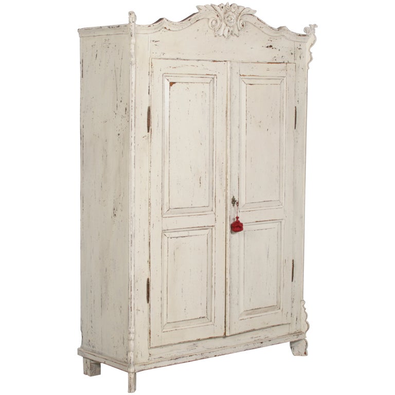 Scandinavian White Distressed Painted Armoire, Circa 1870