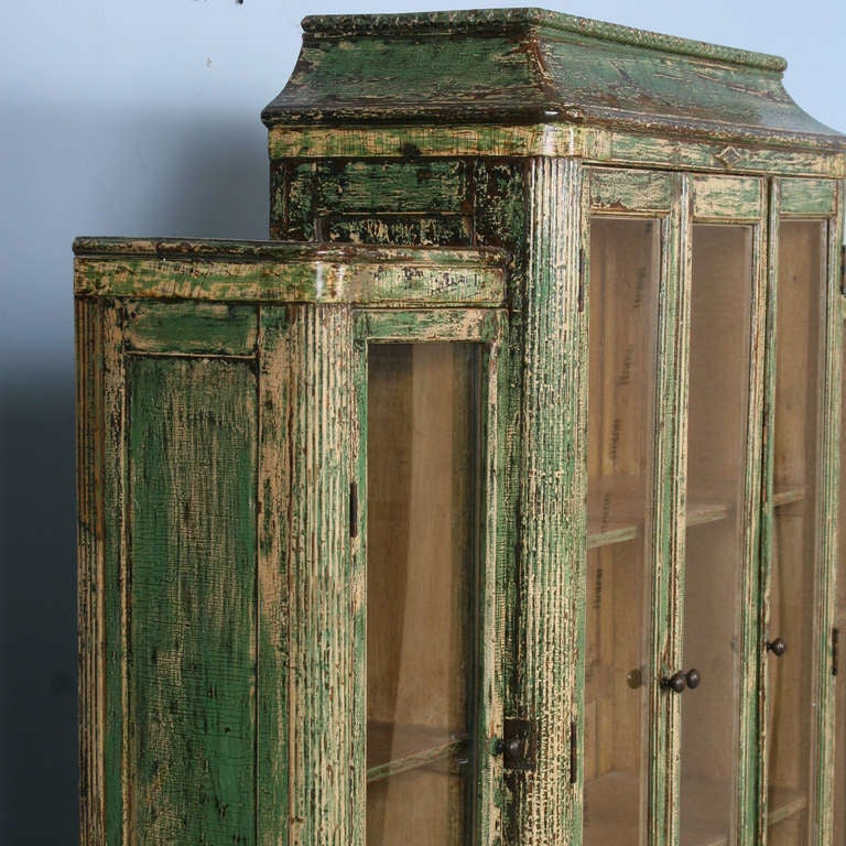 Antique Green Bookcase/Display Cabinet with Glass Doors, China circa 1890 In Excellent Condition In Round Top, TX