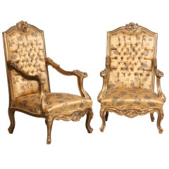 Pair of Large Scale Antique Carved and Gilted  French Armchairs
