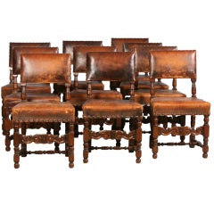 Antique Set of 10 Leather Chairs, Carved Danish Oak Circa 1880-1
