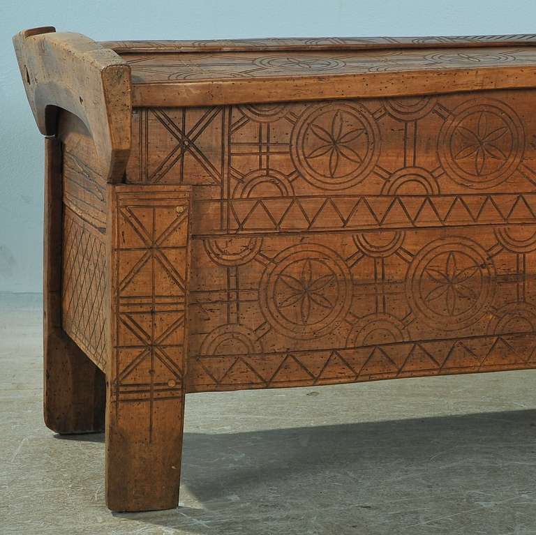 Antique Long Romanian Carved Trunk In Excellent Condition In Round Top, TX