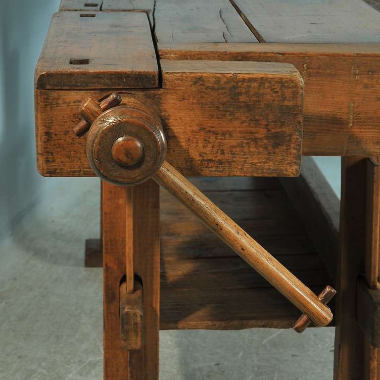 Wood Antique Danish Carpenter's Workbench With Shelf