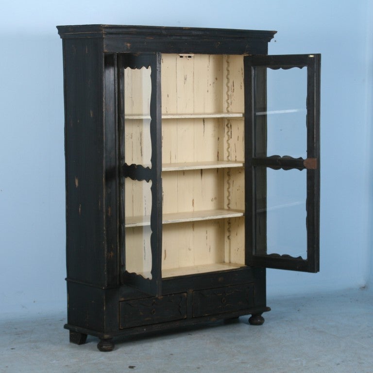 19th Century Antique Danish Black Painted Cabinet/Cupboard/Bookcase w/ Glass