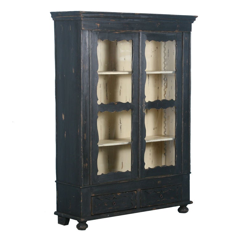 Antique Danish Black Painted Cabinet/Cupboard/Bookcase w/ Glass