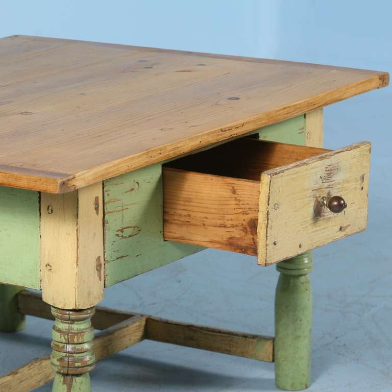 Romanian Antique Original Painted Light Green Coffee Table with Pine Top