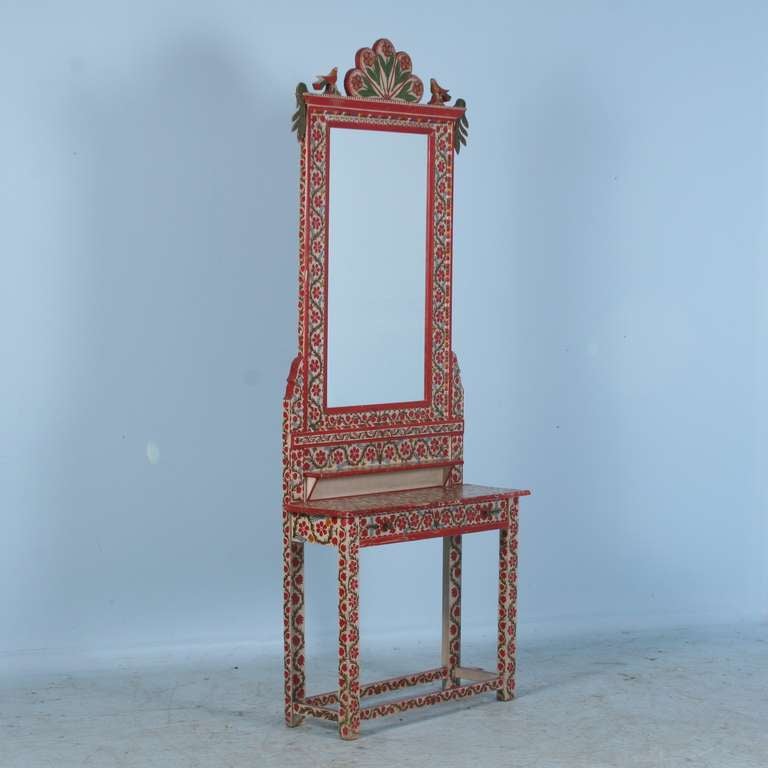 Antique Red and White Painted Romanian Hall Mirror, Perfect for Entryway