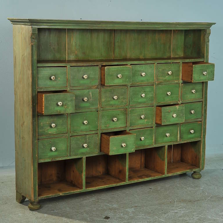 Russian Antique Original Painted Green Bookshelf with Many Drawers, circa 1880