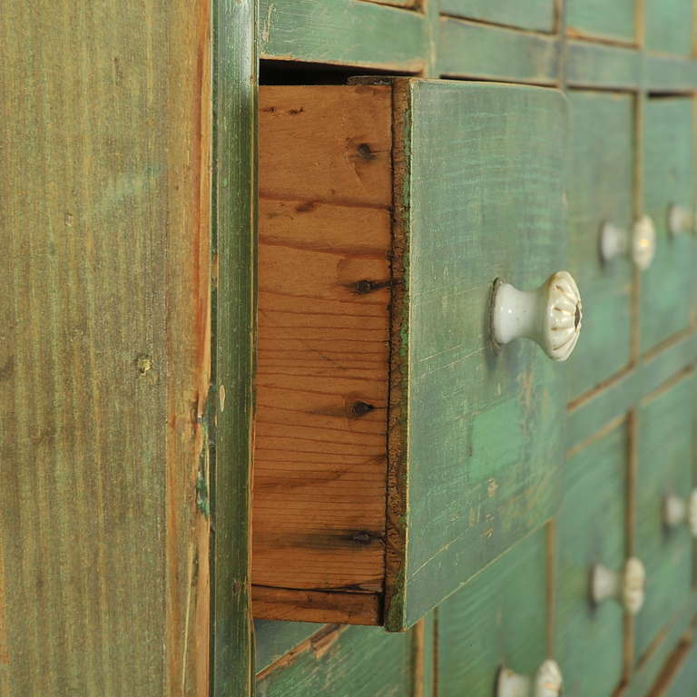 19th Century Antique Original Painted Green Bookshelf with Many Drawers, circa 1880