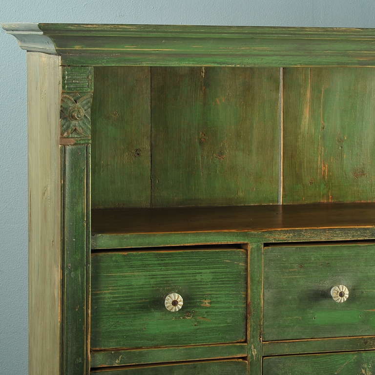 Pine Antique Original Painted Green Bookshelf with Many Drawers, circa 1880
